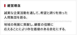 経営理念：誠実な企業活動を通して、希望と誇りを持った人間集団を創る。地域の発展に貢献し、顧客の信頼に
応えることにより存在価値のある会社にする。